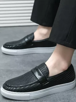 Mens Penny Loafers Slip-Ons Round Toe Weave Leather Penny Shoes Wear Resistant Thick Sole Casual Shoes