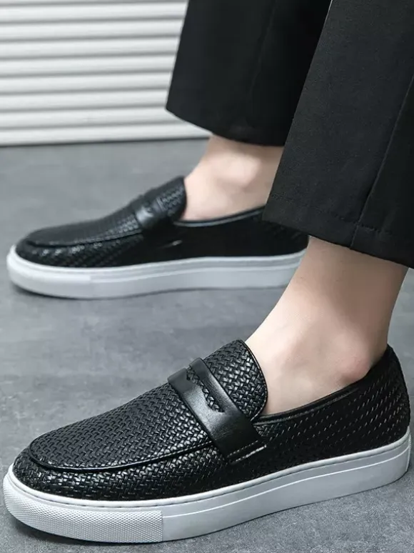 Mens Penny Loafers Slip-Ons Round Toe Weave Leather Penny Shoes Wear Resistant Thick Sole Casual Shoes