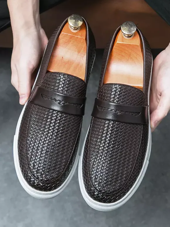 Mens Penny Loafers Slip-Ons Round Toe Weave Leather Penny Shoes Wear Resistant Thick Sole Casual Shoes