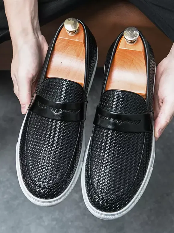 Mens Penny Loafers Slip-Ons Round Toe Weave Leather Penny Shoes Wear Resistant Thick Sole Casual Shoes