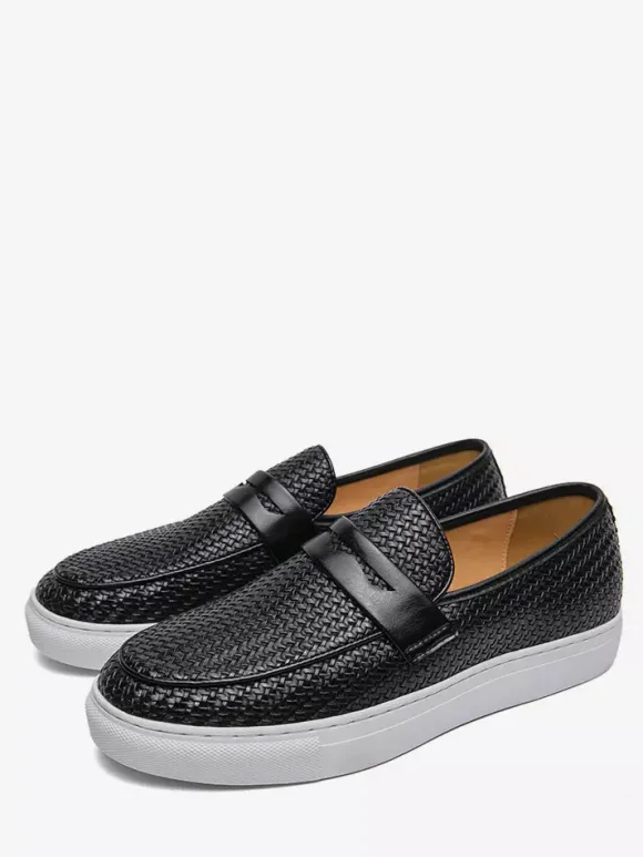 Mens Penny Loafers Slip-Ons Round Toe Weave Leather Penny Shoes Wear Resistant Thick Sole Casual Shoes