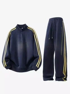 Men’s 2-Piece Tracksuit Set Stand Collar Long Sleeve Striped Sweatshirt And Pants