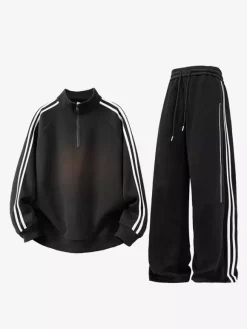 Men’s 2-Piece Tracksuit Set Stand Collar Long Sleeve Striped Sweatshirt And Pants