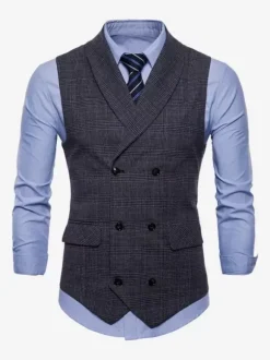 Men's Plaid Vest Double Breasted Sleeveless Vintage Jacket