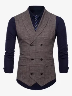 Men's Plaid Vest Double Breasted Sleeveless Vintage Jacket