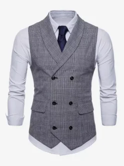Men's Plaid Vest Double Breasted Sleeveless Vintage Jacket
