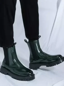 Mens Platform Chelsea Boots Round Toe Chunky Sole Glossy Patent Leather Slip-On Ankle Boots