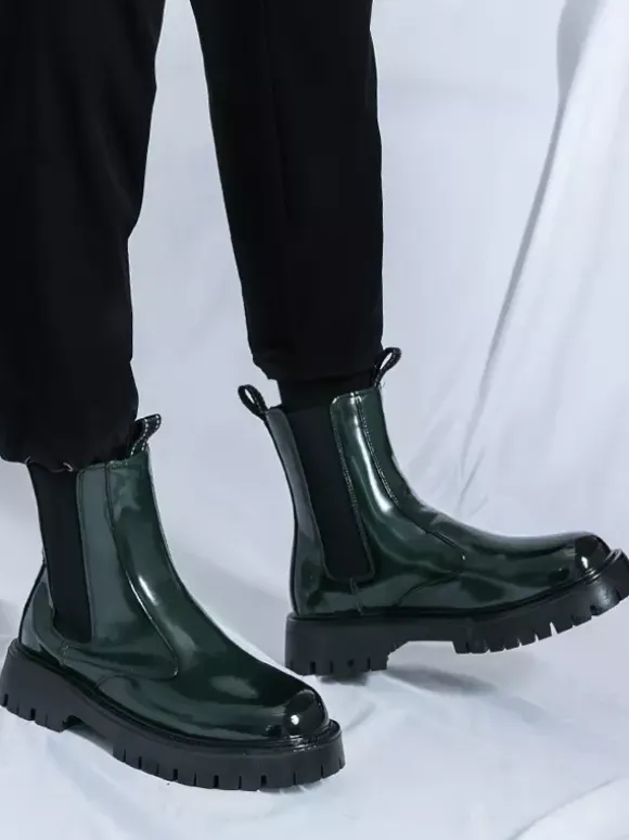 Mens Platform Chelsea Boots Round Toe Chunky Sole Glossy Patent Leather Slip-On Ankle Boots