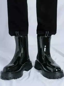 Mens Platform Chelsea Boots Round Toe Chunky Sole Glossy Patent Leather Slip-On Ankle Boots