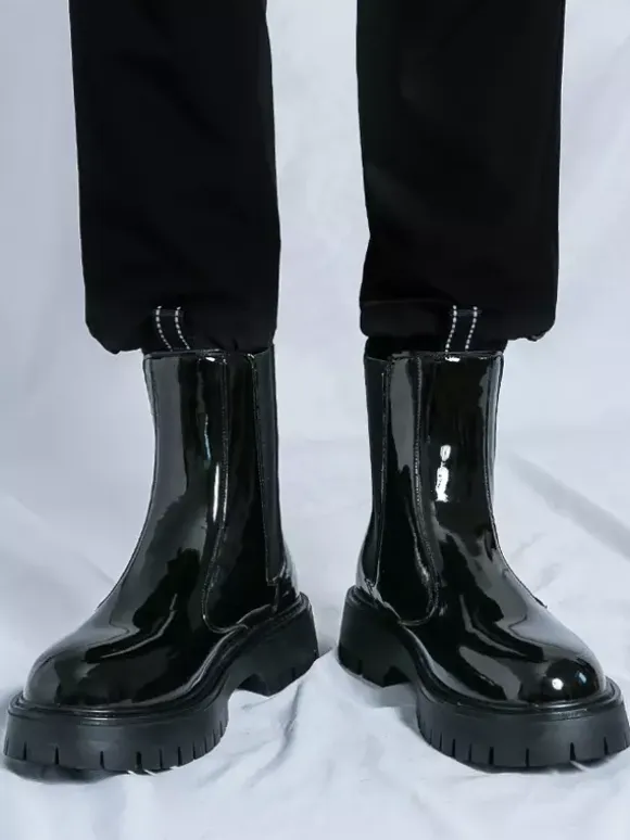 Mens Platform Chelsea Boots Round Toe Chunky Sole Glossy Patent Leather Slip-On Ankle Boots