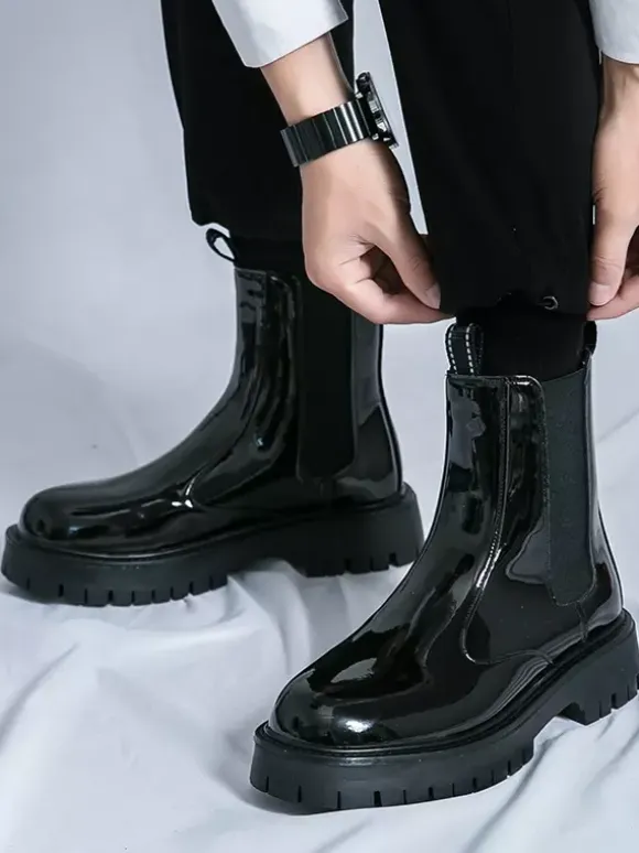 Mens Platform Chelsea Boots Round Toe Chunky Sole Glossy Patent Leather Slip-On Ankle Boots