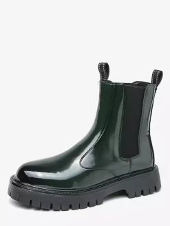 Mens Platform Chelsea Boots Round Toe Chunky Sole Glossy Patent Leather Slip-On Ankle Boots