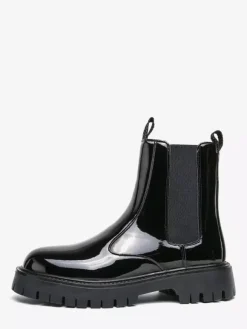 Mens Platform Chelsea Boots Round Toe Chunky Sole Glossy Patent Leather Slip-On Ankle Boots