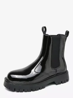Mens Platform Chelsea Boots Round Toe Chunky Sole Glossy Patent Leather Slip-On Ankle Boots