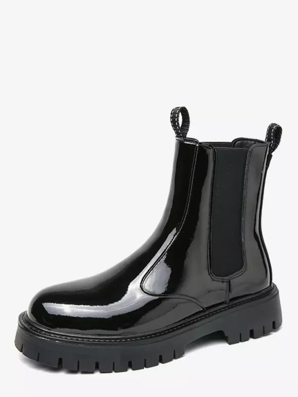 Mens Platform Chelsea Boots Round Toe Chunky Sole Glossy Patent Leather Slip-On Ankle Boots