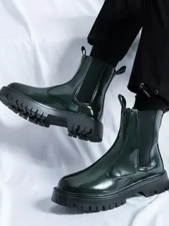 Mens Platform Chelsea Boots Round Toe Chunky Sole Glossy Patent Leather Slip-On Ankle Boots