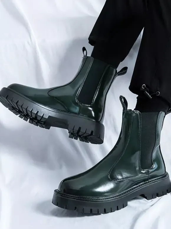 Mens Platform Chelsea Boots Round Toe Chunky Sole Glossy Patent Leather Slip-On Ankle Boots