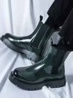 Mens Platform Chelsea Boots Round Toe Chunky Sole Glossy Patent Leather Slip-On Ankle Boots
