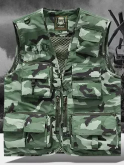 Men's Plus Size Vest With Multiple Pockets & Reflective Design