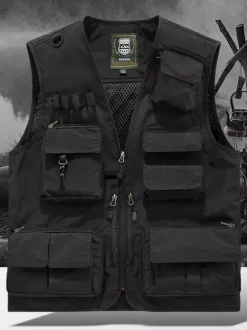 Men's Plus Size Vest With Multiple Pockets & Reflective Design