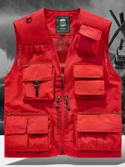 Men's Plus Size Vest With Multiple Pockets & Reflective Design