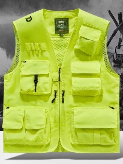 Men's Plus Size Vest With Multiple Pockets & Reflective Design