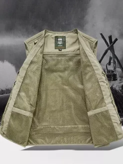 Men's Plus Size Vest With Multiple Pockets & Reflective Design
