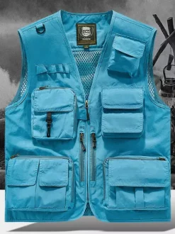 Men's Plus Size Vest With Multiple Pockets & Reflective Design
