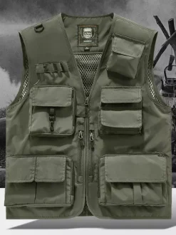 Men's Plus Size Vest With Multiple Pockets & Reflective Design