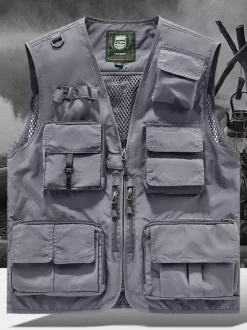 Men's Plus Size Vest With Multiple Pockets & Reflective Design