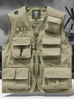 Men's Plus Size Vest With Multiple Pockets & Reflective Design