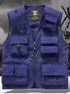Men's Plus Size Vest With Multiple Pockets & Reflective Design