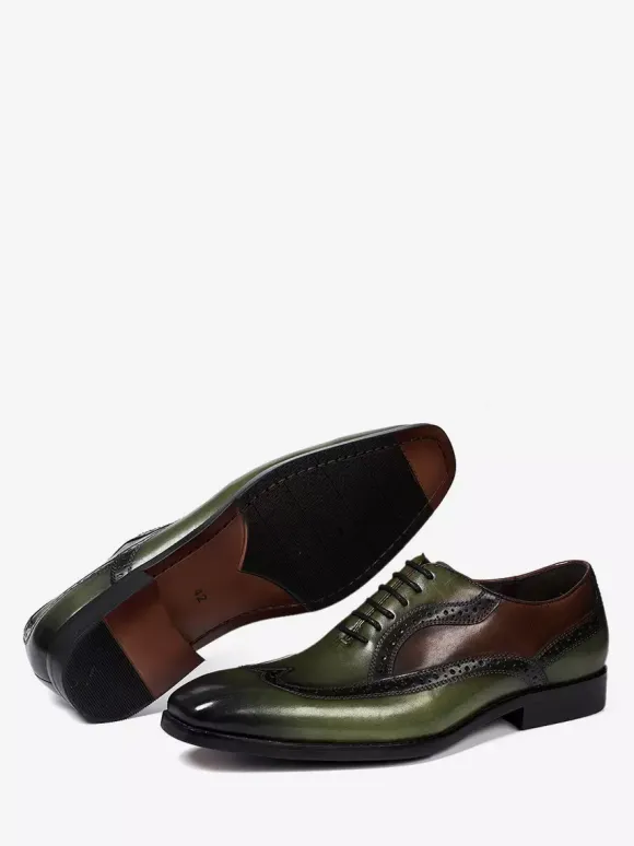 Mens Pointed-Toe Oxford Wingtip Shoes British Style Genuine Leather Dress Shoes