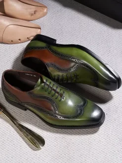 Mens Pointed-Toe Oxford Wingtip Shoes British Style Genuine Leather Dress Shoes