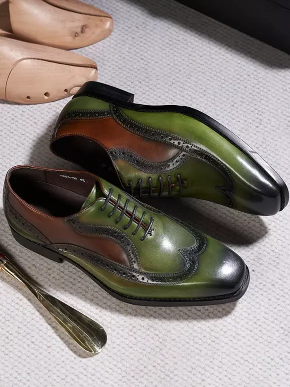 Mens Pointed-Toe Oxford Wingtip Shoes British Style Genuine Leather Dress Shoes