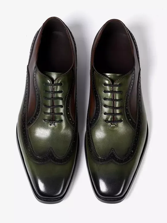 Mens Pointed-Toe Oxford Wingtip Shoes British Style Genuine Leather Dress Shoes