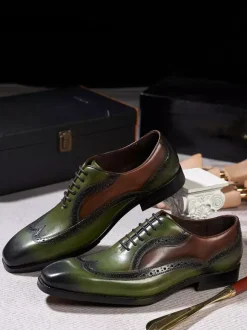 Mens Pointed-Toe Oxford Wingtip Shoes British Style Genuine Leather Dress Shoes