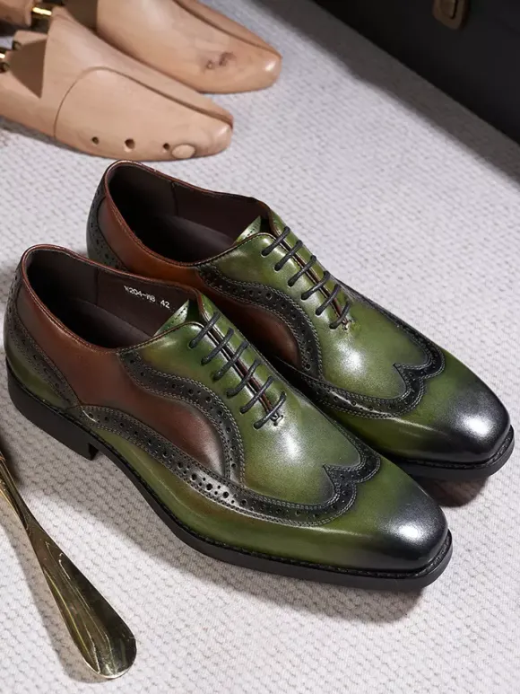 Mens Pointed-Toe Oxford Wingtip Shoes British Style Genuine Leather Dress Shoes