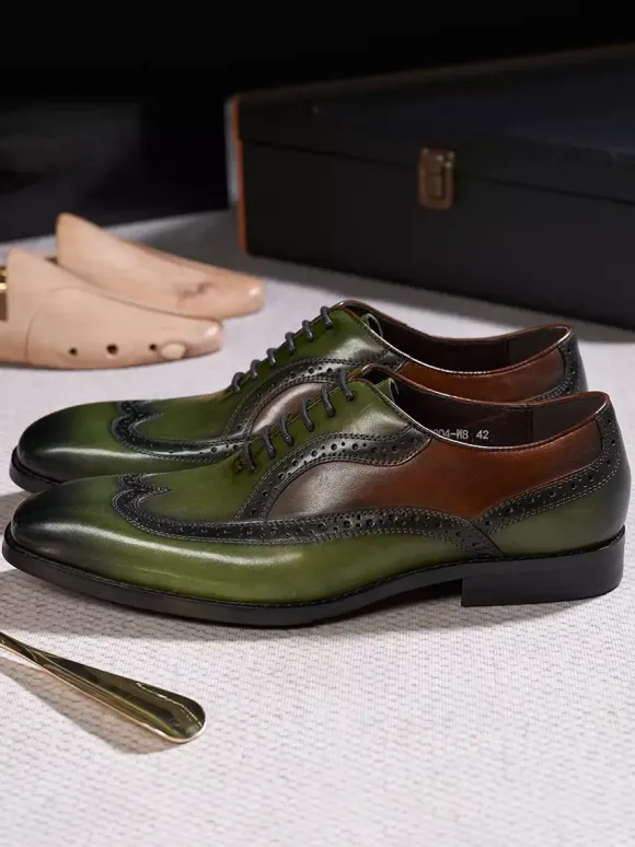 Mens Pointed-Toe Oxford Wingtip Shoes British Style Genuine Leather Dress Shoes