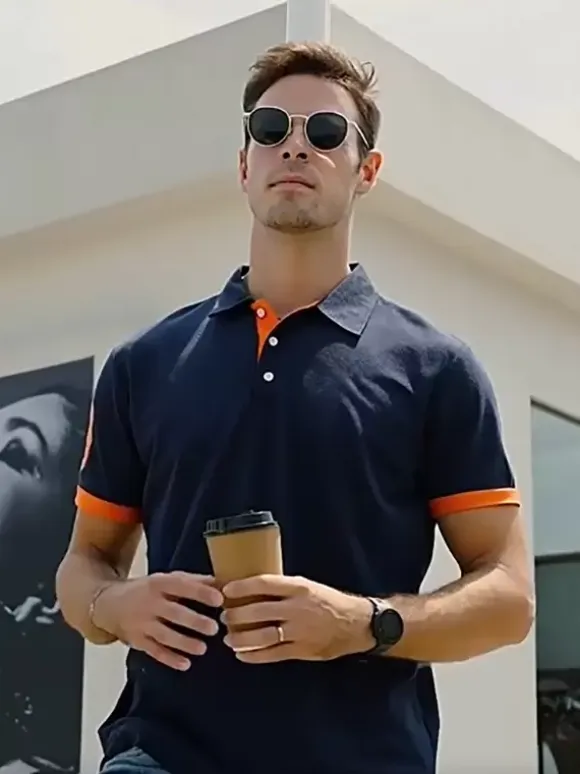 Men's Polo Shirt Turn-Down Collar Short Sleeves Classic Buttons Dark Navy Blue Top