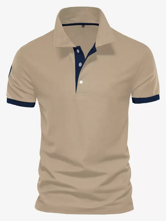 Men's Polo Shirt Turn-Down Collar Short Sleeves Classic Buttons Dark Navy Blue Top