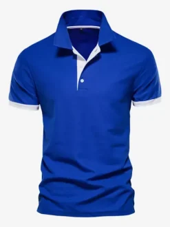 Men's Polo Shirt Turn-Down Collar Short Sleeves Classic Buttons Dark Navy Blue Top