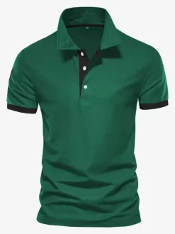 Men's Polo Shirt Turn-Down Collar Short Sleeves Classic Buttons Dark Navy Blue Top