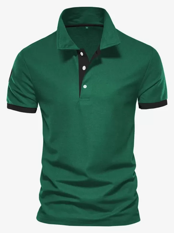 Men's Polo Shirt Turn-Down Collar Short Sleeves Classic Buttons Dark Navy Blue Top