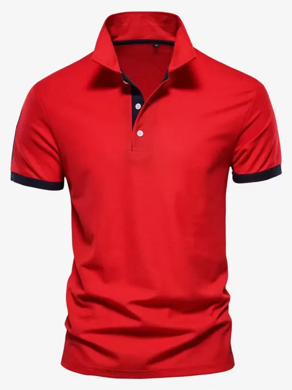 Men's Polo Shirt Turn-Down Collar Short Sleeves Classic Buttons Dark Navy Blue Top