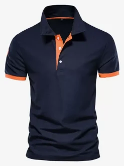 Men's Polo Shirt Turn-Down Collar Short Sleeves Classic Buttons Dark Navy Blue Top