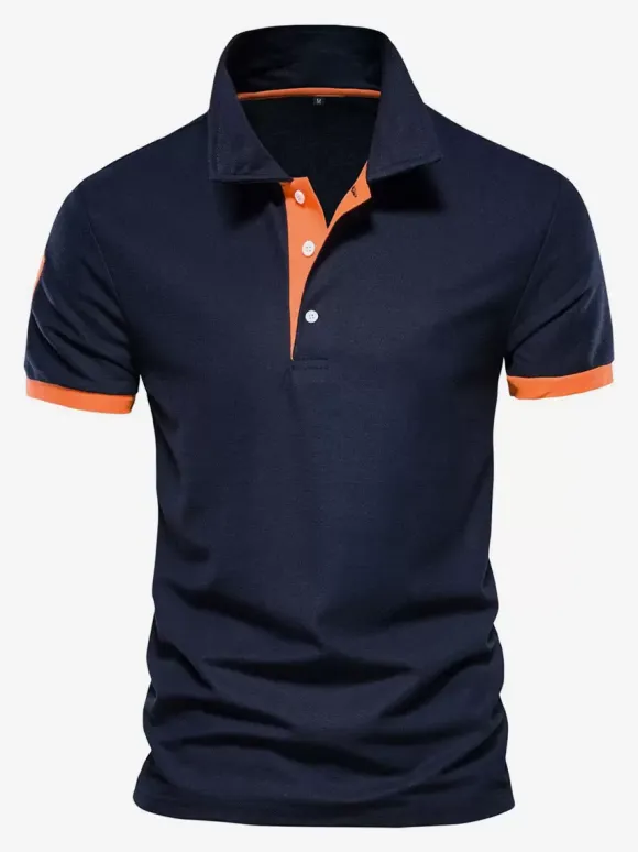 Men's Polo Shirt Turn-Down Collar Short Sleeves Classic Buttons Dark Navy Blue Top