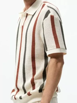 Men's Polo Shirt Turn-Down Collar Short Sleeve Striped Buttons Vintage Top