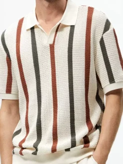 Men's Polo Shirt Turn-Down Collar Short Sleeve Striped Buttons Vintage Top