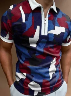 Men's Polo Shirt Turndown Collar Short Sleeves Zipper Regular Fit Blue Smart Polo Shirts